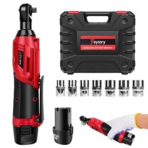 DayPlus Cordless Ratchet Wrench – 3/8" Electric Wrench with 2 Batteries, 7 Sockets & Case, 40N·m Torque, LED Work Light