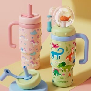 COMOBEBE 24oz Stainless Steel Whale Fountain Tumbler ?C Spill-Proof Cup with Handle & Two Lids, Dishwasher Safe & Cute for All Ages